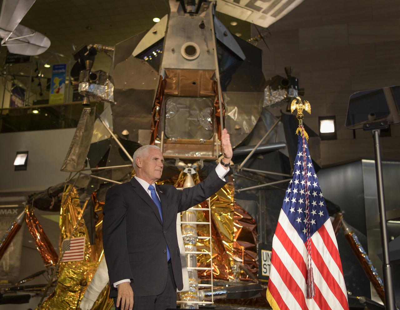 Vice President of the United States Mike Pence wave to the audience at the premiere of the film "Apollo 11: First Steps Edition", Tuesday, May 14, 2019 at the Smithsonian's National Air and Space Museum in Washington. Photo Credit: (NASA/Bill Ingalls)