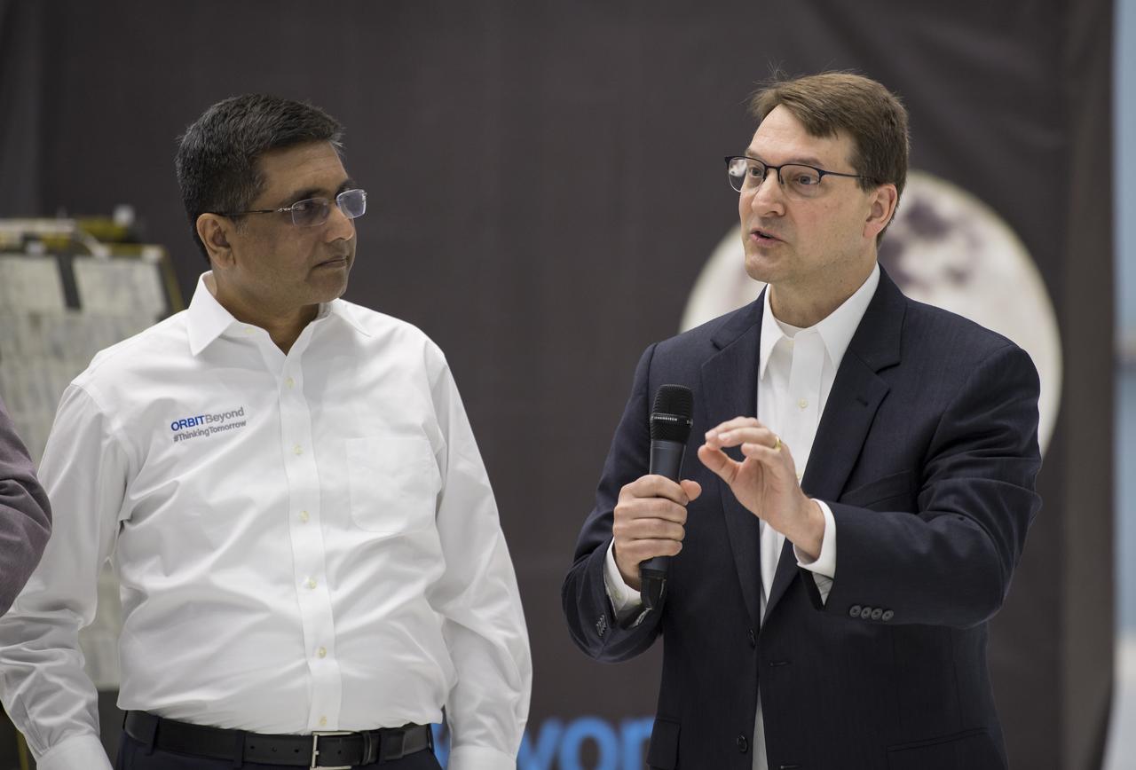President and CEO of OrbitBeyond, Siba Padhi, left, and Chief Science Officer, OrbitBeyond, Jon Morse, speak about their lunar lander, Friday, May 31, 2019, at Goddard Space Flight Center in Md. Astrobotic, Intuitive Machines, and Orbit Beyond have been selected to provide the first lunar landers for the Artemis program's lunar surface exploration. Photo credit: (NASA/Aubrey Gemignani)
