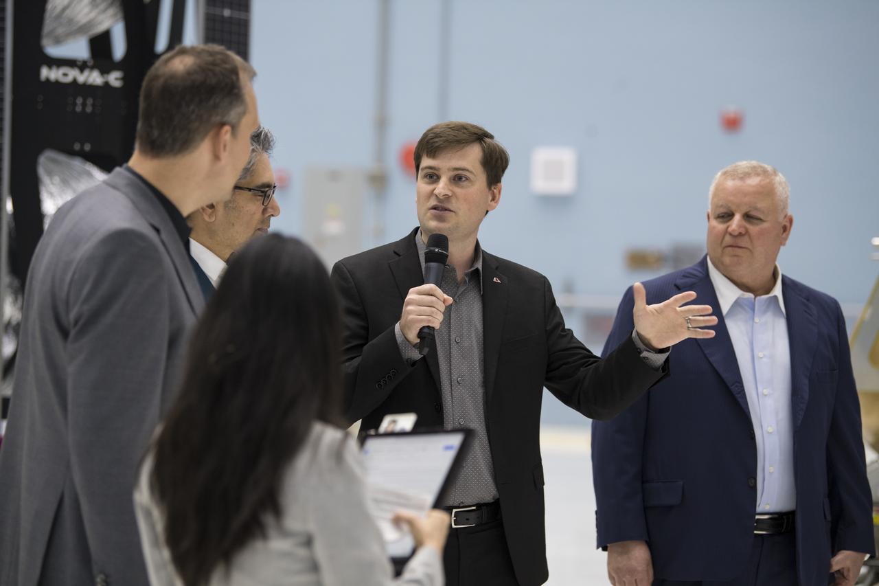 Astrobotic CEO, John Thornton, second from right, speaks about their lunar lander, Friday, May 31, 2019, at Goddard Space Flight Center in Md. Astrobotic, Intuitive Machines, and Orbit Beyond have been selected to provide the first lunar landers for the Artemis program's lunar surface exploration. Photo credit: (NASA/Aubrey Gemignani)