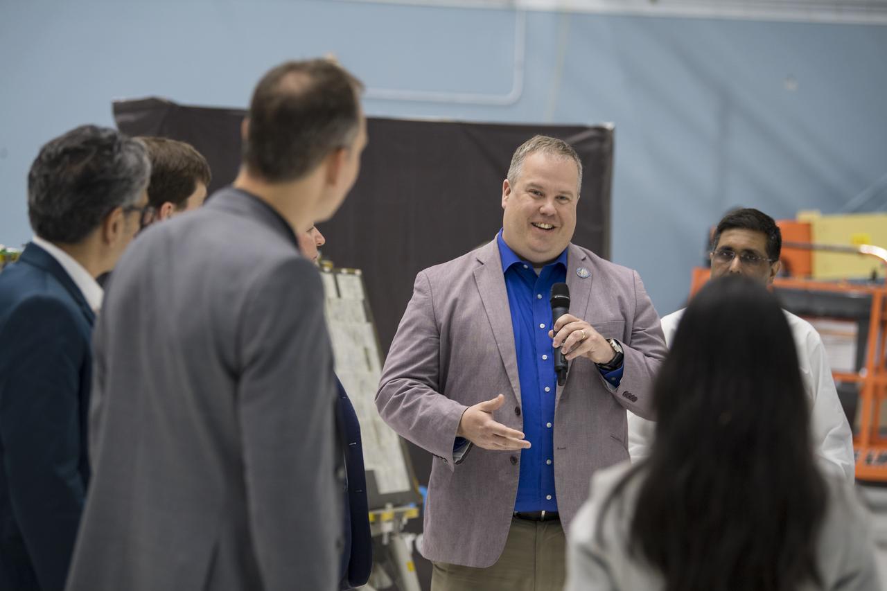 Vice President of Research and Development of Intuitive Machines, Tim Crain, second from right, speaks about their lunar lander, Friday, May 31, 2019, at Goddard Space Flight Center in Md. Astrobotic, Intuitive Machines, and Orbit Beyond have been selected to provide the first lunar landers for the Artemis program's lunar surface exploration. Photo credit: (NASA/Aubrey Gemignani)