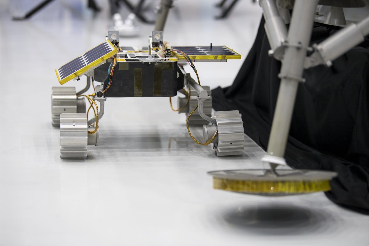 The OrbitBeyond lunar rover is seen, Friday, May 31, 2019, at Goddard Space Flight Center in Md. Astrobotic, Intuitive Machines, and OrbitBeyond have been selected to provide the first lunar landers for the Artemis program's lunar surface exploration. Photo credit: (NASA/Aubrey Gemignani)