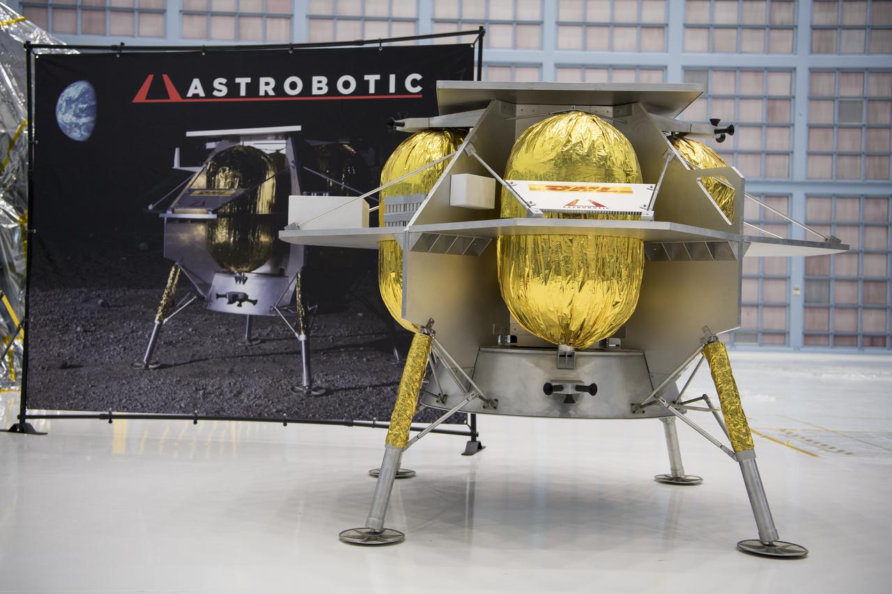 The Astrobotic lunar lander is seen, Friday, May 31, 2019, at Goddard Space Flight Center in Md. Astrobotic, Intuitive Machines, and OrbitBeyond have been selected to provide the first lunar landers for the Artemis program's lunar surface exploration. Photo credit: (NASA/Aubrey Gemignani)