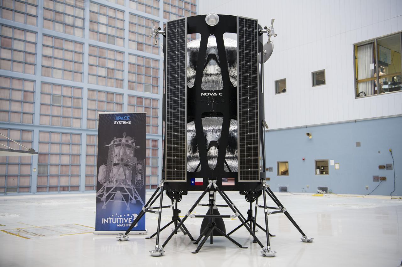 The Intuitive Machines lunar lander is seen, Friday, May 31, 2019, at Goddard Space Flight Center in Md. Astrobotic, Intuitive Machines, and Orbit Beyond have been selected to provide the first lunar landers for the Artemis program's lunar surface exploration. Photo credit: (NASA/Aubrey Gemignani)