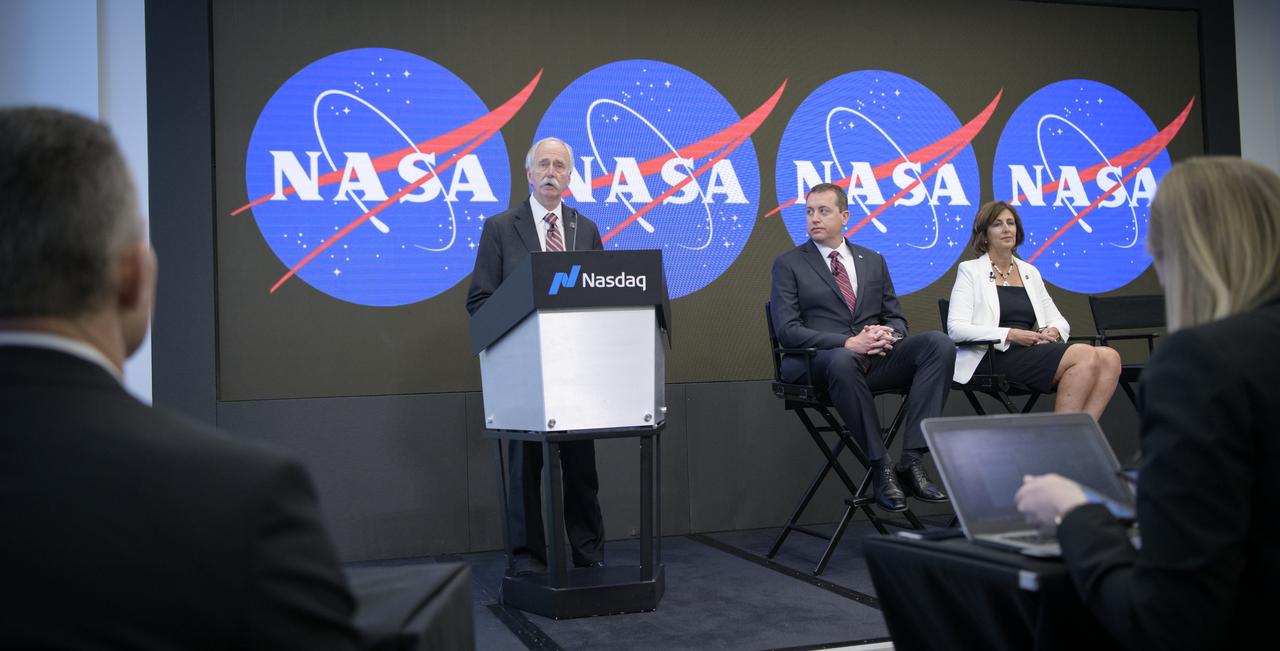 NASA Associate Administrator for the Human Exploration and Operations Directorate William Gerstenmaier, left, NASA Chief Financial Officer Jeff DeWit, center, and NASA International Space Station Deputy Director Robyn Gatens announce the agency’s five-part plan to open the International Space Station to expanded commercial and marketing activities and private astronaut missions to the station and enable additional commercial destinations in low-Earth orbit, Friday, June 7, 2019 at the Nasdaq MarketSite in New York City. NASA will continue to maintain human presence and research in low-Earth orbit, and the long-term goal is to achieve a robust economy from which NASA can purchase services at a lower cost. Photo Credit: (NASA/Bill Ingalls)