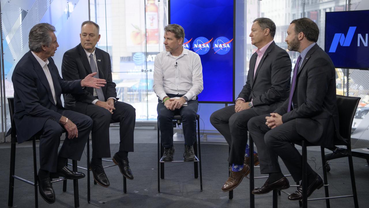 A Nasdaq moderator, center, talks with Bigelow Aerospace, LLC Founder and President Robert Bigelow, left, Boeing Global Sales and Marketing, Space Exploration, Kevin Foley, Axiom Vice President of Business Development Michael Lopez-Alegria, and NASA Senior Economic Advisor Alex MacDonald, right, during a live social media event shortly after NASA announced a five-part plan to open the International Space Station to expanded commercial and marketing activities and private astronaut missions to the station and enable additional commercial destinations in low-Earth orbit, Friday, June 7, 2019 at the Nasdaq MarketSite in New York City. NASA will continue to maintain human presence and research in low-Earth orbit, and the long-term goal is to achieve a robust economy from which NASA can purchase services at a lower cost. Photo Credit: (NASA/Bill Ingalls)