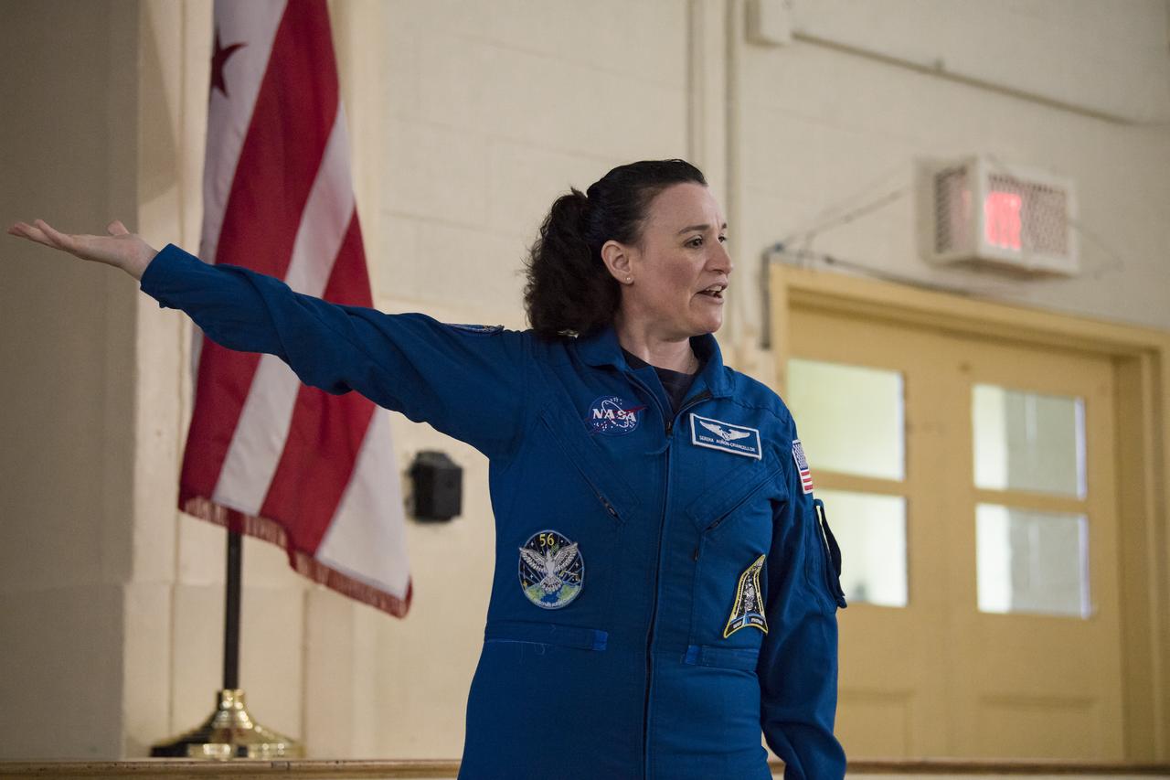NASA astronaut Dr. Serena Auñón-Chancellor speaks about her experience on Expeditions 56 and 57 onboard the International Space Station (ISS) at Excel Academy Public Charter School, Monday, June 10, 2019 in Washington, DC. Auñón-Chancellor spent 197 days living and working onboard the ISS and contributed to hundreds of experiments in biology, biotechnology, physical science, and Earth science while there. She is also a doctor and started her career with NASA as a flight surgeon in 2006. Photo Credit: (NASA/Aubrey Gemignani)