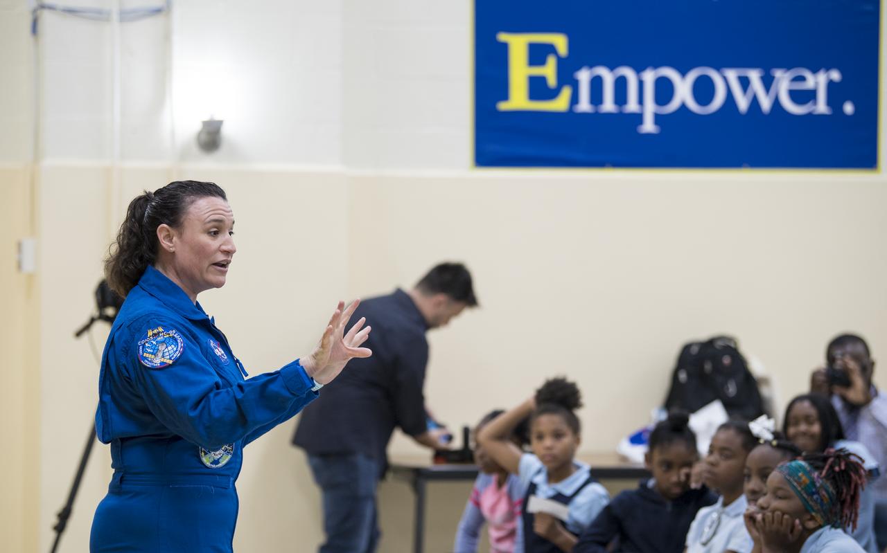 NASA astronaut Dr. Serena Auñón-Chancellor speaks about her experience on Expeditions 56 and 57 onboard the International Space Station (ISS) at Excel Academy Public Charter School, Monday, June 10, 2019 in Washington, DC. Auñón-Chancellor spent 197 days living and working onboard the ISS and contributed to hundreds of experiments in biology, biotechnology, physical science, and Earth science while there. She is also a doctor and started her career with NASA as a flight surgeon in 2006. Photo Credit: (NASA/Aubrey Gemignani)