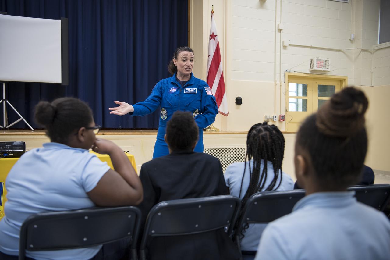 NASA astronaut Dr. Serena Auñón-Chancellor speaks about her experience on Expeditions 56 and 57 onboard the International Space Station (ISS) at Excel Academy Public Charter School, Monday, June 10, 2019 in Washington, DC. Auñón-Chancellor spent 197 days living and working onboard the ISS and contributed to hundreds of experiments in biology, biotechnology, physical science, and Earth science while there. She is also a doctor and started her career with NASA as a flight surgeon in 2006. Photo Credit: (NASA/Aubrey Gemignani)