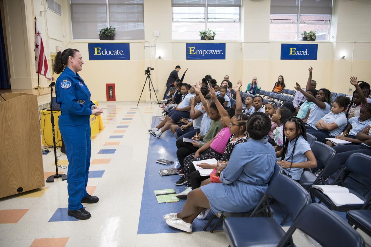 NASA astronaut Dr. Serena Auñón-Chancellor speaks about her experience on Expeditions 56 and 57 onboard the International Space Station (ISS) at Excel Academy Public Charter School, Monday, June 10, 2019 in Washington, DC. Auñón-Chancellor spent 197 days living and working onboard the ISS and contributed to hundreds of experiments in biology, biotechnology, physical science, and Earth science while there. She is also a doctor and started her career with NASA as a flight surgeon in 2006. Photo Credit: (NASA/Aubrey Gemignani)