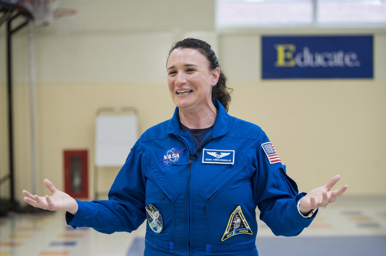 NASA astronaut Dr. Serena Auñón-Chancellor speaks about her experience on Expeditions 56 and 57 onboard the International Space Station (ISS), during an interview, at Excel Academy Public Charter School, Monday, June 10, 2019 in Washington, DC. Auñón-Chancellor spent 197 days living and working onboard the ISS and contributed to hundreds of experiments in biology, biotechnology, physical science, and Earth science while there. She is also a doctor and started her career with NASA as a flight surgeon in 2006. Photo Credit: (NASA/Aubrey Gemignani)
