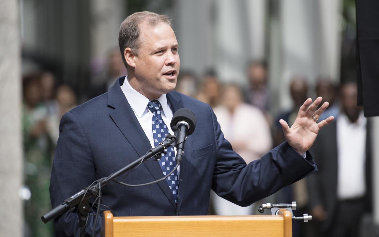 NASA Administrator Jim Bridenstine delivers remarks during the dedication ceremony for "Hidden Figures Way," Wednesday, June 12, 2019 at NASA Headquarters in Washington, DC. The 300 block of E Street SW in front of the NASA Headquarters building was designated as "Hidden Figures Way" to honor Katherine Johnson, Dorothy Vaughan, Mary Jackson and all women who have dedicated their lives to honorably serving their country, advancing equality, and contributing to the space program of the United States. Photo Credit: (NASA/Joel Kowsky)