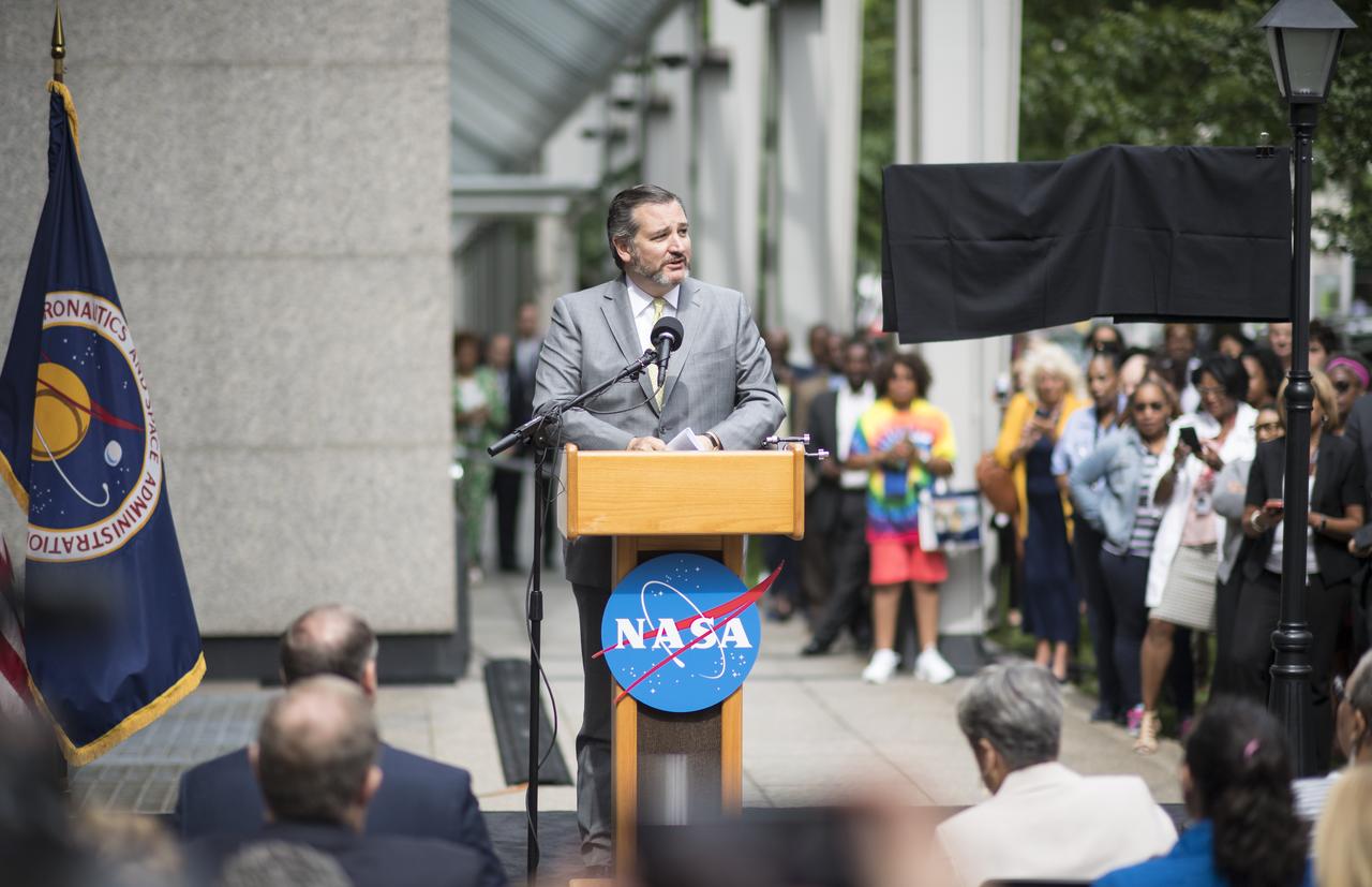 U.S. Senator Ted Cruz, R-Texas, delivers remarks during the dedication ceremony for "Hidden Figures Way," Wednesday, June 12, 2019 at NASA Headquarters in Washington, DC. The 300 block of E Street SW in front of the NASA Headquarters building was designated as "Hidden Figures Way" to honor Katherine Johnson, Dorothy Vaughan, Mary Jackson and all women who have dedicated their lives to honorably serving their country, advancing equality, and contributing to the space program of the United States. Photo Credit: (NASA/Joel Kowsky)