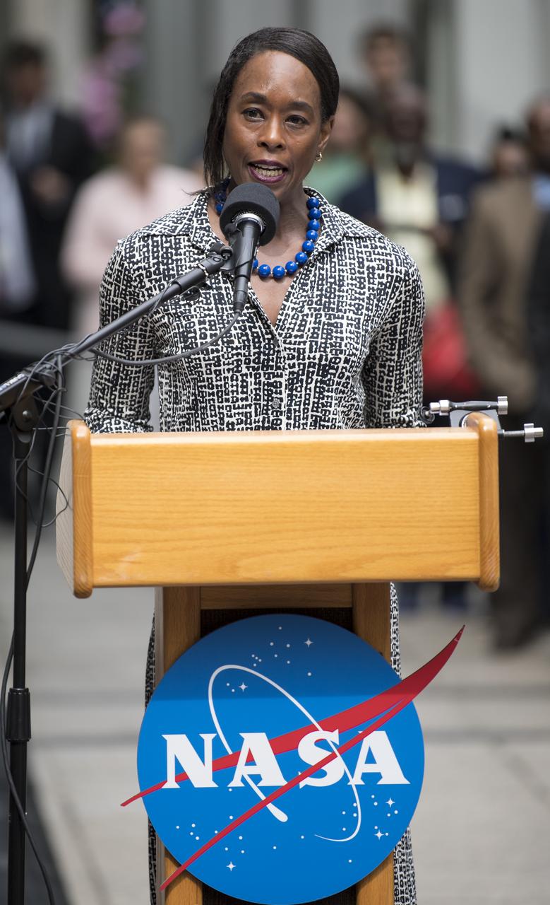 Margot Lee Shetterly, author of the book "Hidden Figures," delivers remarks during the dedication ceremony for "Hidden Figures Way," Wednesday, June 12, 2019 at NASA Headquarters in Washington, DC. The 300 block of E Street SW in front of the NASA Headquarters building was designated as "Hidden Figures Way" to honor Katherine Johnson, Dorothy Vaughan, Mary Jackson and all women who have dedicated their lives to honorably serving their country, advancing equality, and contributing to the space program of the United States. Photo Credit: (NASA/Joel Kowsky)