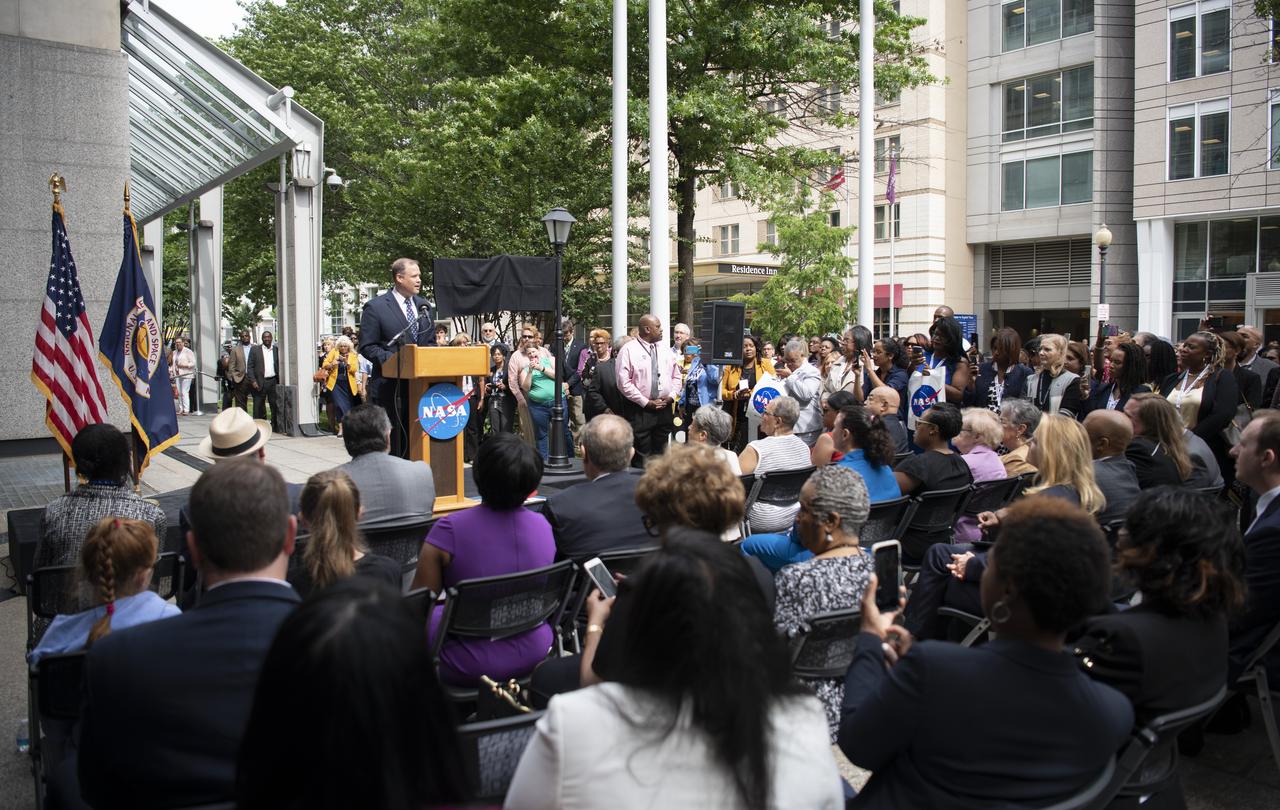 NASA Administrator Jim Bridenstine delivers remarks during the dedication ceremony for "Hidden Figures Way," Wednesday, June 12, 2019 at NASA Headquarters in Washington, DC. The 300 block of E Street SW in front of the NASA Headquarters building was designated as "Hidden Figures Way" to honor Katherine Johnson, Dorthy Vaughan, Mary Jackson and all women who have dedicated their lives to honorably serving their country, advancing equality, and contributing to the space program of the United States. Photo Credit: (NASA/Joel Kowsky)4