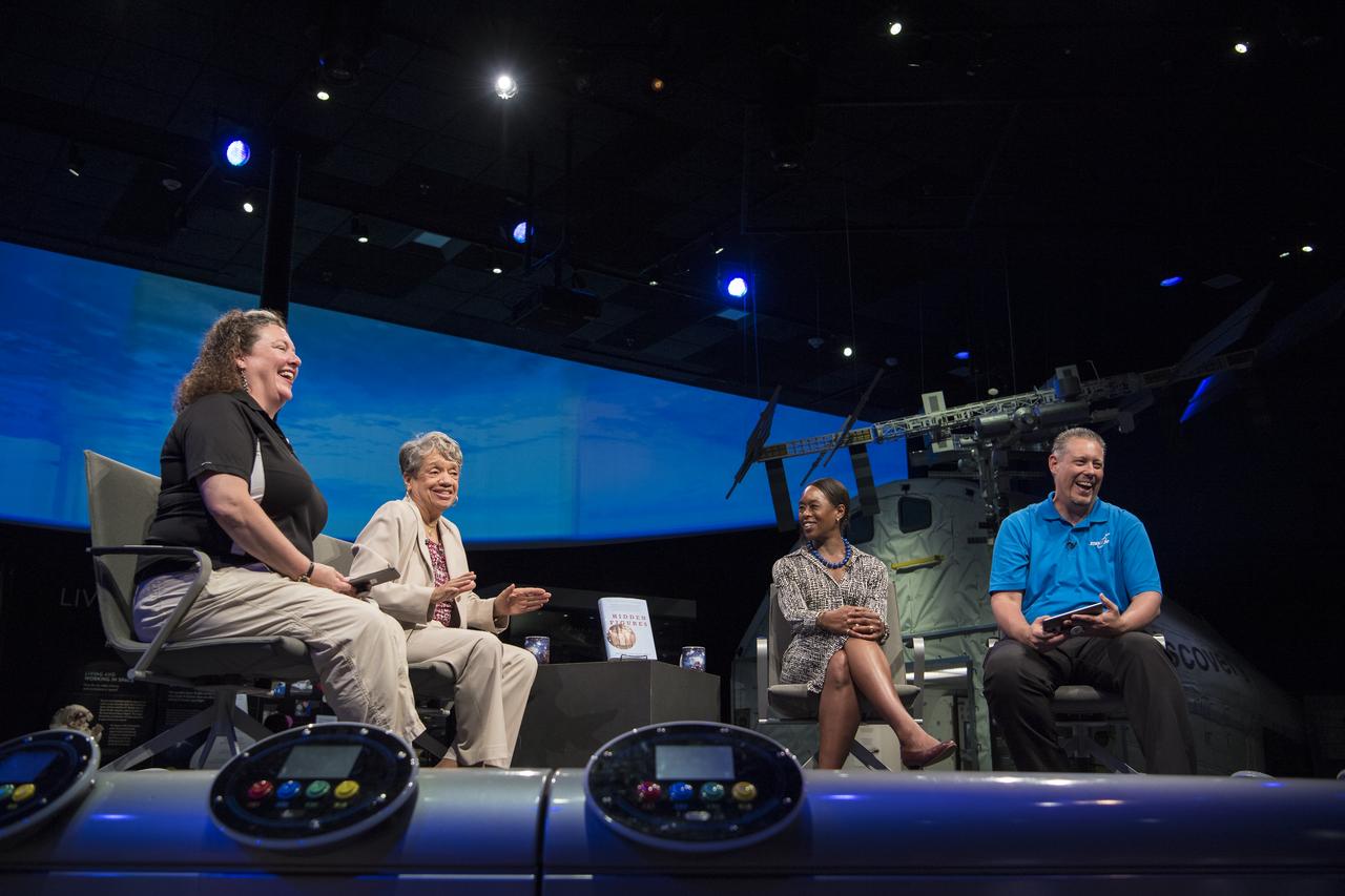 NASA human computer Christine Darden, second from left, speaks during a "Hidden Figures" panel discussion with "Hidden Figures" author, Margot Lee Shetterly, second from right, and Beth Wilson, left, and Marty Kelsey, right, of STEM in 30, Wednesday, June 12, 2019 at the Smithsonian National Air and Space Museum in Washington. The panel discussion took place after a ceremony dedicating the 300 block of E Street SW as "Hidden Figures Way" to honor Katherine Johnson, Dorthy Vaughan, Mary Jackson and all of the women who have dedicated their lives to honorably serving their country, advancing equality, and contributing to the space program of the United States. Photo Credit: (NASA/Aubrey Gemignani)