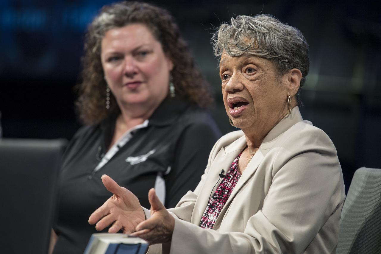 NASA human computer Christine Darden speaks during a "Hidden Figures" panel discussion with "Hidden Figures" author, Margot Lee Shetterly, and Marty Kelsey and Beth Wilson of STEM in 30, Wednesday, June 12, 2019 at the Smithsonian National Air and Space Museum in Washington. The panel discussion took place after a ceremony dedicating the 300 block of E Street SW as "Hidden Figures Way" to honor Katherine Johnson, Dorthy Vaughan, Mary Jackson and all of the women who have dedicated their lives to honorably serving their country, advancing equality, and contributing to the space program of the United States. Photo Credit: (NASA/Aubrey Gemignani)