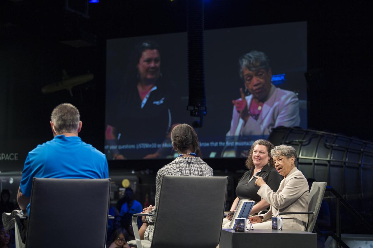 NASA human computer Christine Darden, right, speaks during a "Hidden Figures" panel discussion with "Hidden Figures" author, Margot Lee Shetterly, and Beth Wilson, and Marty Kelsey of STEM in 30, Wednesday, June 12, 2019 at the Smithsonian National Air and Space Museum in Washington. The panel discussion took place after a ceremony dedicating the 300 block of E Street SW as "Hidden Figures Way" to honor Katherine Johnson, Dorthy Vaughan, Mary Jackson and all of the women who have dedicated their lives to honorably serving their country, advancing equality, and contributing to the space program of the United States. Photo Credit: (NASA/Aubrey Gemignani)