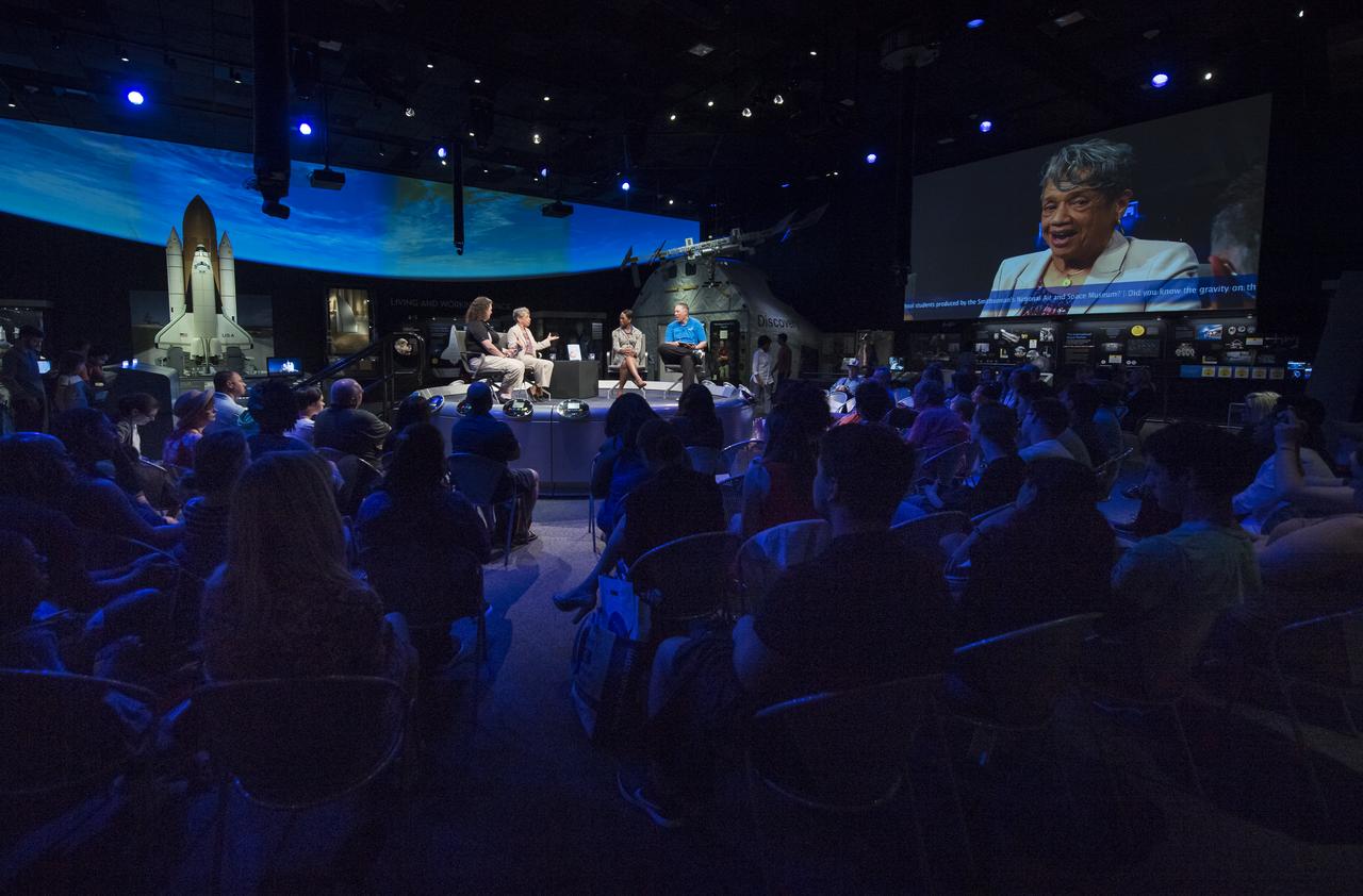 NASA human computer Christine Darden, second from left, speaks during a "Hidden Figures" panel discussion with "Hidden Figures" author, Margot Lee Shetterly, second from right, and Beth Wilson, left, and Marty Kelsey, right, of STEM in 30, Wednesday, June 12, 2019 at the Smithsonian National Air and Space Museum in Washington. The panel discussion took place after a ceremony dedicating the 300 block of E Street SW as "Hidden Figures Way" to honor Katherine Johnson, Dorthy Vaughan, Mary Jackson and all of the women who have dedicated their lives to honorably serving their country, advancing equality, and contributing to the space program of the United States. Photo Credit: (NASA/Aubrey Gemignani)