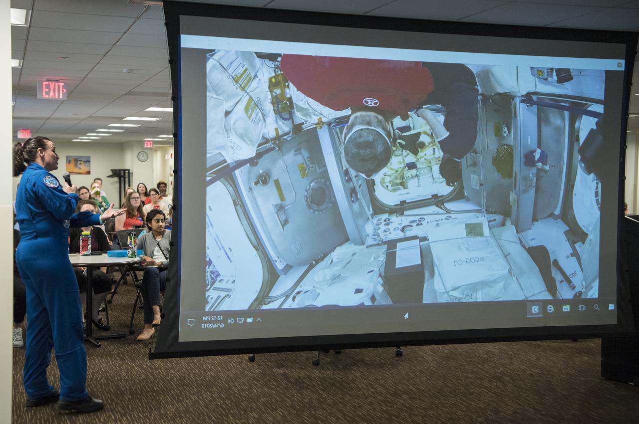 NASA astronaut Serena Auñón-Chancellor speaks about her experience on Expeditions 56 and 57 onboard the International Space Station at NASA Headquarters, Friday, June 14, 2019 in Washington. Auñón-Chancellor spent 197 days living and working onboard the orbital laboratory, contributing to hundreds of experiments in biology, biotechnology, physical science, and Earth science. She began her career at NASA as a flight surgeon before being selected as an astronaut in 2009. Photo Credit: (NASA/Aubrey Gemignani)