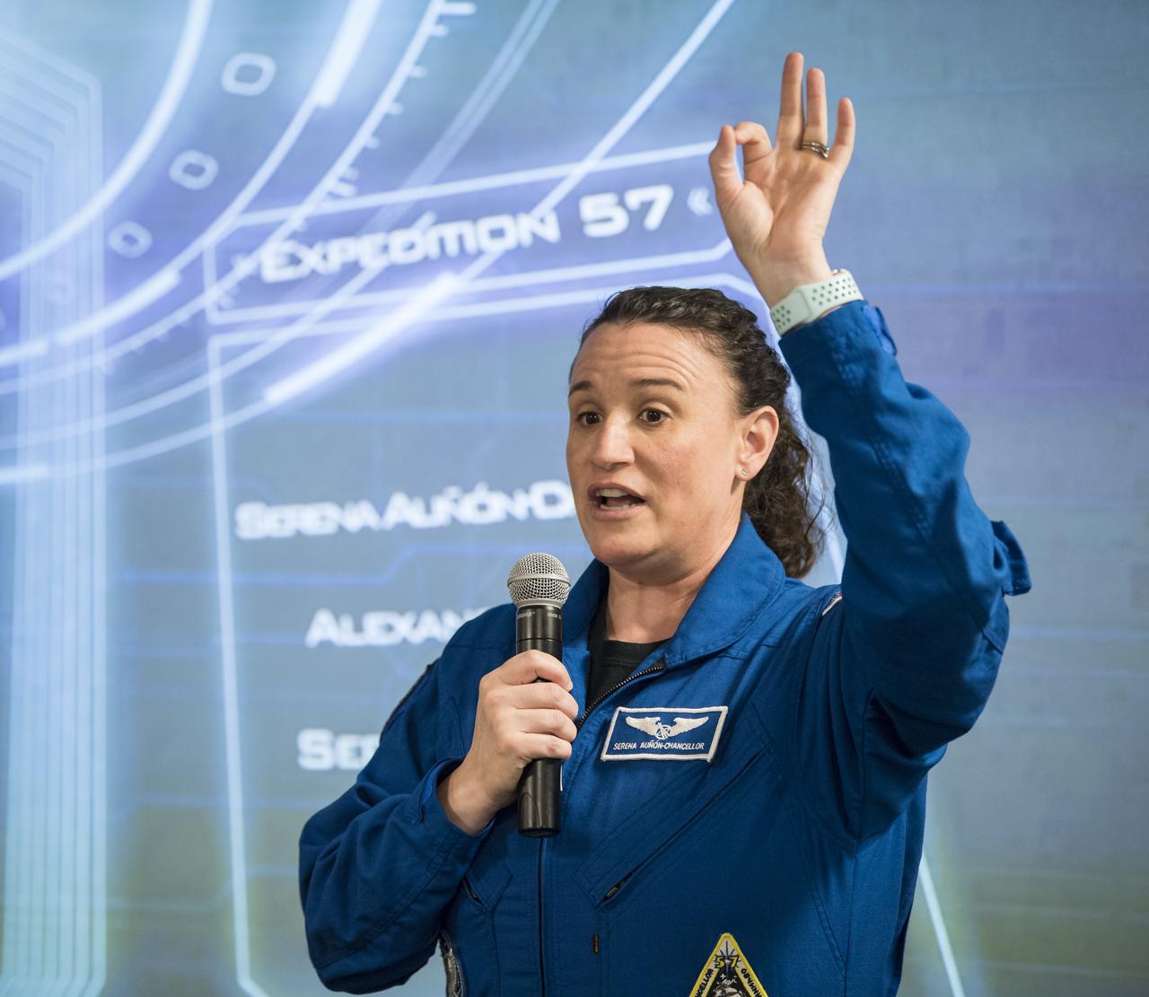 NASA astronaut Serena Auñón-Chancellor speaks about her experience on Expeditions 56 and 57 onboard the International Space Station at NASA Headquarters, Friday, June 14, 2019 in Washington. Auñón-Chancellor spent 197 days living and working onboard the orbital laboratory, contributing to hundreds of experiments in biology, biotechnology, physical science, and Earth science. She began her career at NASA as a flight surgeon before being selected as an astronaut in 2009. Photo Credit: (NASA/Aubrey Gemignani)