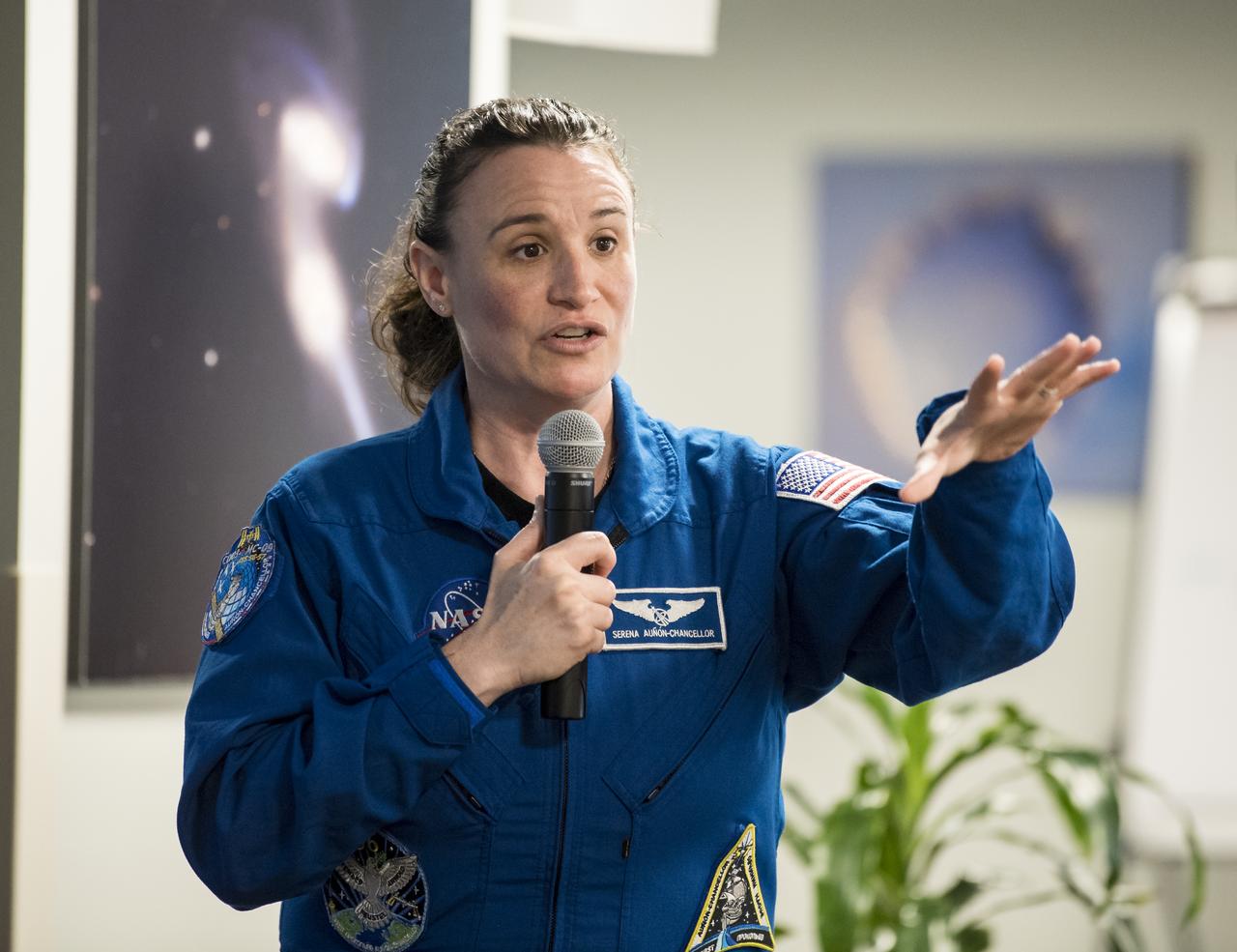 NASA astronaut Serena Auñón-Chancellor speaks about her experience on Expeditions 56 and 57 onboard the International Space Station at NASA Headquarters, Friday, June 14, 2019 in Washington. Auñón-Chancellor spent 197 days living and working onboard the orbital laboratory, contributing to hundreds of experiments in biology, biotechnology, physical science, and Earth science. She began her career at NASA as a flight surgeon before being selected as an astronaut in 2009. Photo Credit: (NASA/Aubrey Gemignani)