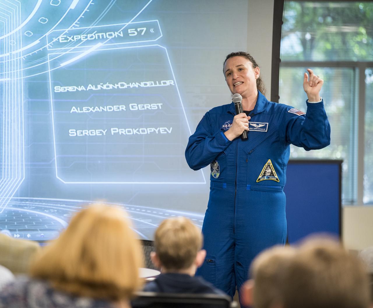 NASA astronaut Serena Auñón-Chancellor speaks about her experience on Expeditions 56 and 57 onboard the International Space Station at NASA Headquarters, Friday, June 14, 2019 in Washington. Auñón-Chancellor spent 197 days living and working onboard the orbital laboratory, contributing to hundreds of experiments in biology, biotechnology, physical science, and Earth science. She began her career at NASA as a flight surgeon before being selected as an astronaut in 2009. Photo Credit: (NASA/Aubrey Gemignani)