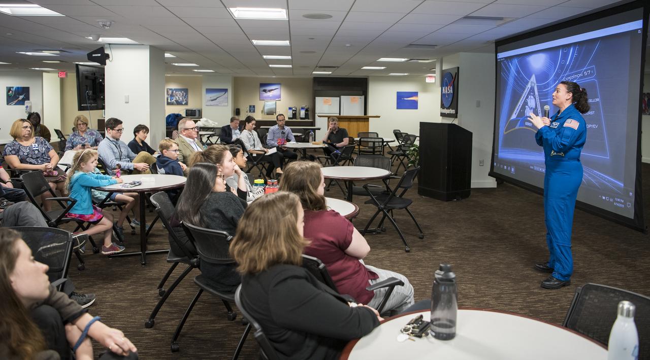 NASA astronaut Serena Auñón-Chancellor speaks about her experience on Expeditions 56 and 57 onboard the International Space Station at NASA Headquarters, Friday, June 14, 2019 in Washington. Auñón-Chancellor spent 197 days living and working onboard the orbital laboratory, contributing to hundreds of experiments in biology, biotechnology, physical science, and Earth science. She began her career at NASA as a flight surgeon before being selected as an astronaut in 2009. Photo Credit: (NASA/Aubrey Gemignani)