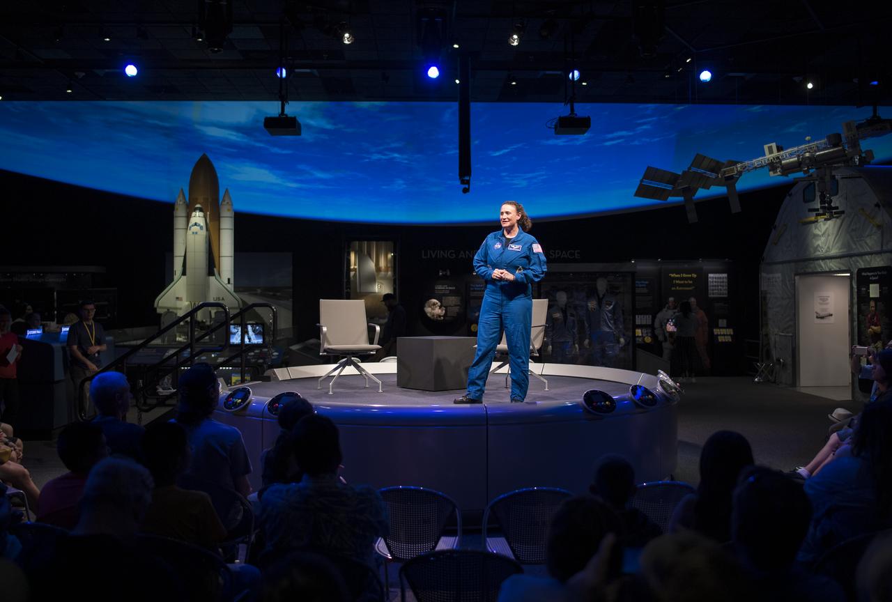 NASA astronaut Serena Auñón-Chancellor speaks about her time onboard the International Space Station during "What's New in Aerospace" Friday, June 14, 2019 the Smithsonian's National Air and Space Museum in Washington, DC. Auñón-Chancellor spent 197 days living and working onboard the orbital laboratory as part of Expeditions 56 and 57, contributing to hundreds of experiments in biology, biotechnology, physical science, and Earth science while there. She began her career at NASA as a flight surgeon before being selected as an astronaut in 2009. Photo Credit: (NASA/Joel Kowsky)