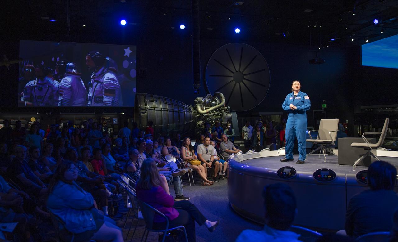NASA astronaut Serena Auñón-Chancellor speaks about her time onboard the International Space Station during "What's New in Aerospace" Friday, June 14, 2019 the Smithsonian's National Air and Space Museum in Washington, DC. Auñón-Chancellor spent 197 days living and working onboard the orbital laboratory as part of Expeditions 56 and 57, contributing to hundreds of experiments in biology, biotechnology, physical science, and Earth science while there. She began her career at NASA as a flight surgeon before being selected as an astronaut in 2009. Photo Credit: (NASA/Joel Kowsky)