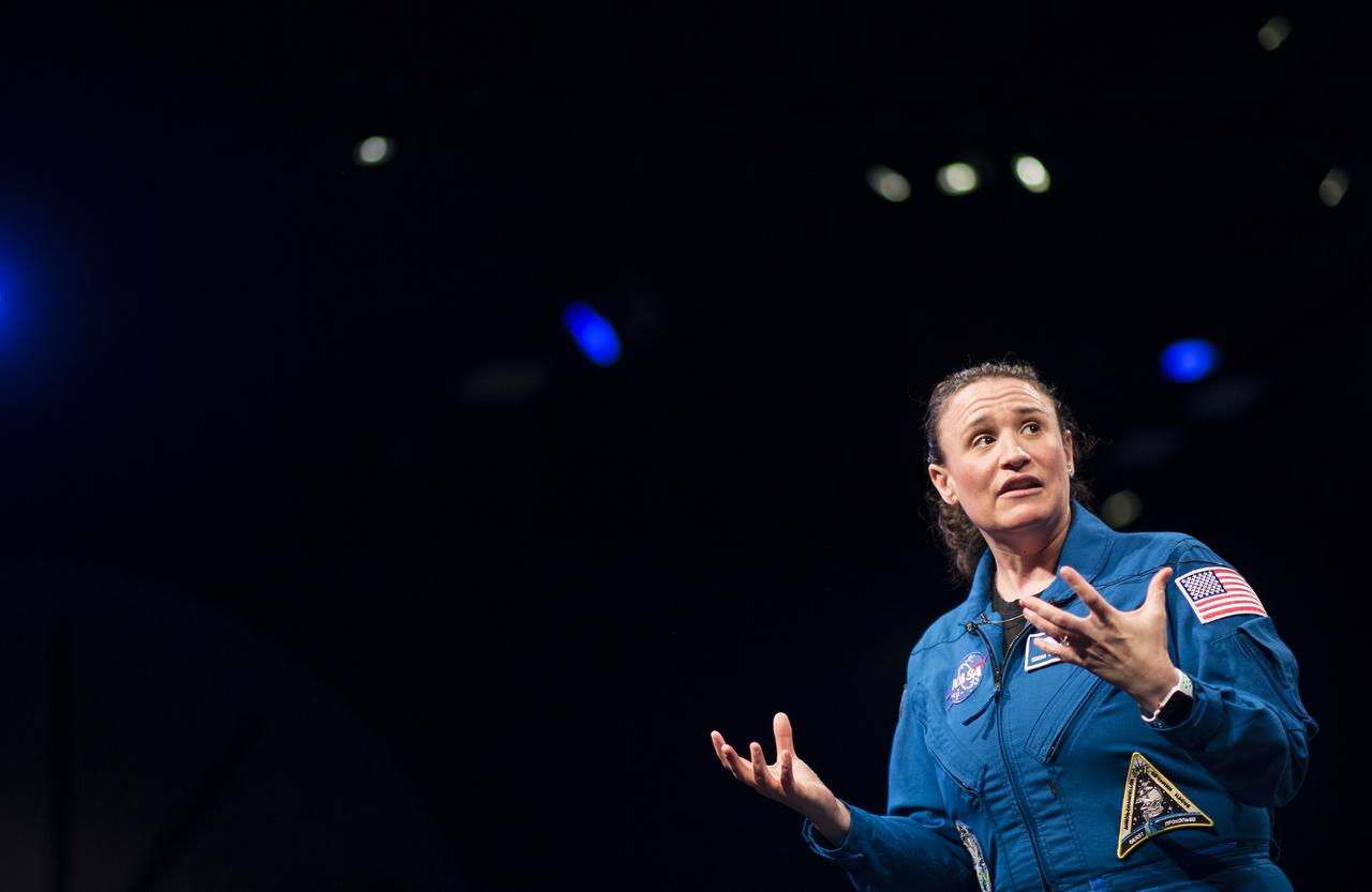 NASA astronaut Serena Auñón-Chancellor speaks about her time onboard the International Space Station during "What's New in Aerospace" Friday, June 14, 2019 the Smithsonian's National Air and Space Museum in Washington, DC. Auñón-Chancellor spent 197 days living and working onboard the orbital laboratory as part of Expeditions 56 and 57, contributing to hundreds of experiments in biology, biotechnology, physical science, and Earth science while there. She began her career at NASA as a flight surgeon before being selected as an astronaut in 2009. Photo Credit: (NASA/Joel Kowsky)