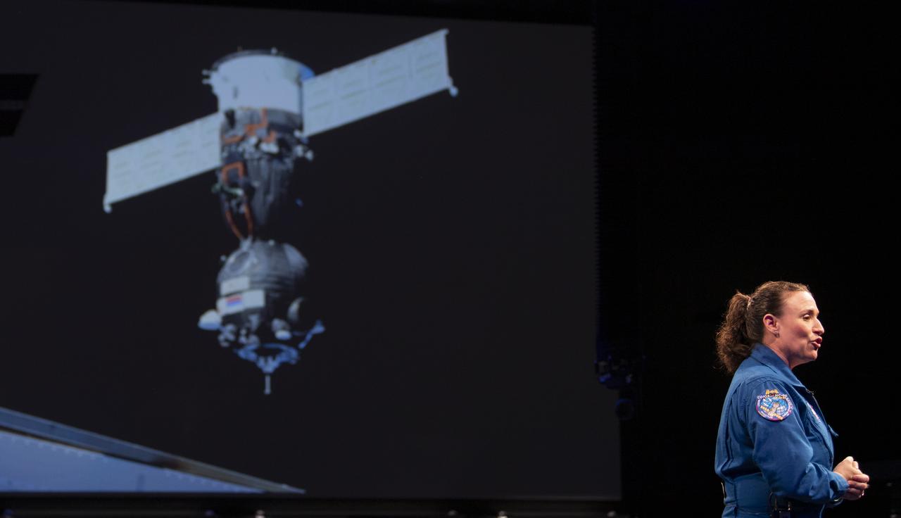 NASA astronaut Serena Auñón-Chancellor speaks about her time onboard the International Space Station during "What's New in Aerospace" Friday, June 14, 2019 the Smithsonian's National Air and Space Museum in Washington, DC. Auñón-Chancellor spent 197 days living and working onboard the orbital laboratory as part of Expeditions 56 and 57, contributing to hundreds of experiments in biology, biotechnology, physical science, and Earth science while there. She began her career at NASA as a flight surgeon before being selected as an astronaut in 2009. Photo Credit: (NASA/Joel Kowsky)