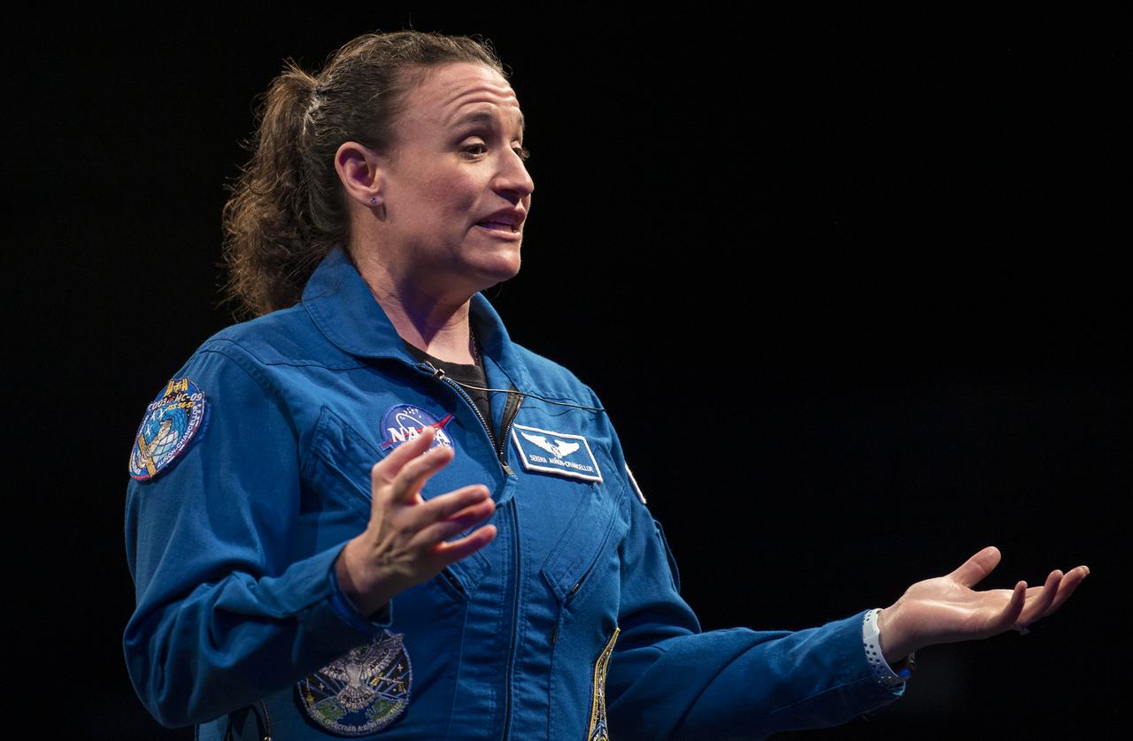 NASA astronaut Serena Auñón-Chancellor speaks about her time onboard the International Space Station during "What's New in Aerospace" Friday, June 14, 2019 the Smithsonian's National Air and Space Museum in Washington, DC. Auñón-Chancellor spent 197 days living and working onboard the orbital laboratory as part of Expeditions 56 and 57, contributing to hundreds of experiments in biology, biotechnology, physical science, and Earth science while there. She began her career at NASA as a flight surgeon before being selected as an astronaut in 2009. Photo Credit: (NASA/Joel Kowsky)