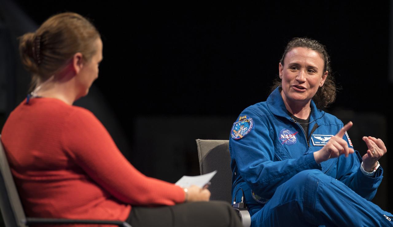 Smithsonian National Air and Space Museum curator Jennifer Levasseu speaks with NASA astronaut Serena Auñón-Chancellor about her time onboard the International Space Station during "What's New in Aerospace" Friday, June 14, 2019 the Smithsonian's National Air and Space Museum in Washington, DC. Auñón-Chancellor spent 197 days living and working onboard the orbital laboratory as part of Expeditions 56 and 57, contributing to hundreds of experiments in biology, biotechnology, physical science, and Earth science while there. She began her career at NASA as a flight surgeon before being selected as an astronaut in 2009. Photo Credit: (NASA/Joel Kowsky)