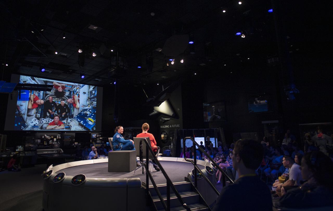 Smithsonian National Air and Space Museum curator Jennifer Levasseu speaks with NASA astronaut Serena Auñón-Chancellor about her time onboard the International Space Station during "What's New in Aerospace" Friday, June 14, 2019 the Smithsonian's National Air and Space Museum in Washington, DC. Auñón-Chancellor spent 197 days living and working onboard the orbital laboratory as part of Expeditions 56 and 57, contributing to hundreds of experiments in biology, biotechnology, physical science, and Earth science while there. She began her career at NASA as a flight surgeon before being selected as an astronaut in 2009. Photo Credit: (NASA/Joel Kowsky)