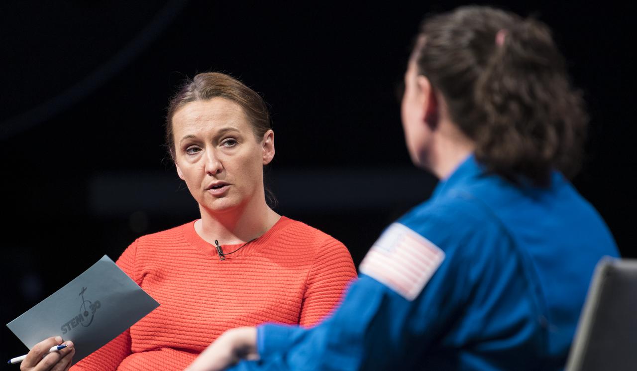 Smithsonian National Air and Space Museum curator Jennifer Levasseu speaks with NASA astronaut Serena Auñón-Chancellor about her time onboard the International Space Station during "What's New in Aerospace" Friday, June 14, 2019 the Smithsonian's National Air and Space Museum in Washington, DC. Auñón-Chancellor spent 197 days living and working onboard the orbital laboratory as part of Expeditions 56 and 57, contributing to hundreds of experiments in biology, biotechnology, physical science, and Earth science while there. She began her career at NASA as a flight surgeon before being selected as an astronaut in 2009. Photo Credit: (NASA/Joel Kowsky)