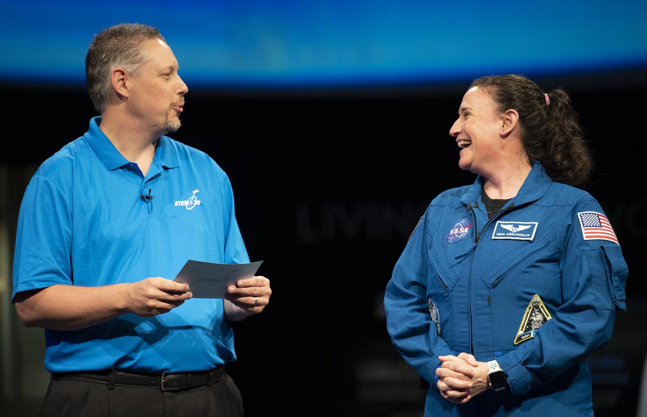 Marty Kelsey of the Smithsonian National Air and Space Museum asks NASA astronaut Serena Auñón-Chancellor questions about being in middle school for a short video, Friday, June 14, 2019 the Smithsonian's National Air and Space Museum in Washington, DC. Auñón-Chancellor spent 197 days living and working onboard the orbital laboratory as part of Expeditions 56 and 57, contributing to hundreds of experiments in biology, biotechnology, physical science, and Earth science while there. She began her career at NASA as a flight surgeon before being selected as an astronaut in 2009. Photo Credit: (NASA/Joel Kowsky)