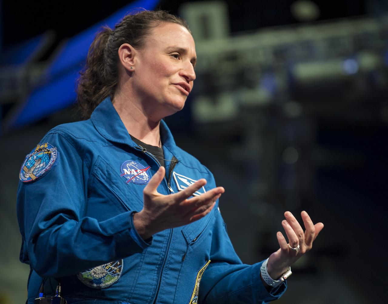 NASA astronaut Serena Auñón-Chancellor is seen during an interview, Friday, June 14, 2019 the Smithsonian's National Air and Space Museum in Washington, DC. Auñón-Chancellor spent 197 days living and working onboard the orbital laboratory as part of Expeditions 56 and 57, contributing to hundreds of experiments in biology, biotechnology, physical science, and Earth science while there. She began her career at NASA as a flight surgeon before being selected as an astronaut in 2009. Photo Credit: (NASA/Joel Kowsky)