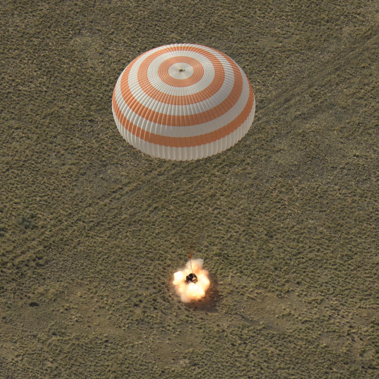The Soyuz MS-11 spacecraft is seen as it lands in a remote area near the town of Zhezkazgan, Kazakhstan with Expedition 59 crew members Anne McClain of NASA, David Saint-Jacques of the Canadian Space Agency, and Oleg Kononenko of Roscosmos, Tuesday, June 25, 2019 Kazakh time (June 24 Eastern time). McClain, Saint-Jacques, and Kononenko are returning after 204 days in space where they served as members of the Expedition 58 and 59 crews onboard the International Space Station. Photo Credit: (NASA/Bill Ingalls)