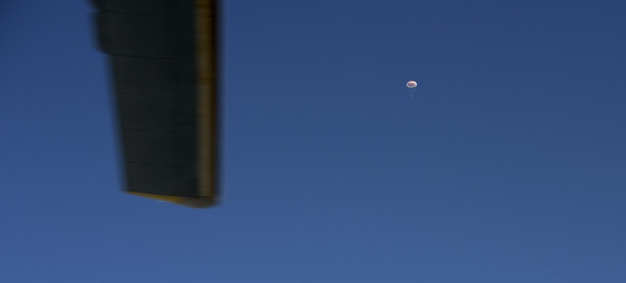 The Soyuz MS-11 spacecraft is seen as it lands in a remote area near the town of Zhezkazgan, Kazakhstan with Expedition 59 crew members Anne McClain of NASA, David Saint-Jacques of the Canadian Space Agency, and Oleg Kononenko of Roscosmos, Tuesday, June 25, 2019 Kazakh time (June 24 Eastern time). McClain, Saint-Jacques, and Kononenko are returning after 204 days in space where they served as members of the Expedition 58 and 59 crews onboard the International Space Station. Photo Credit: (NASA/Bill Ingalls)