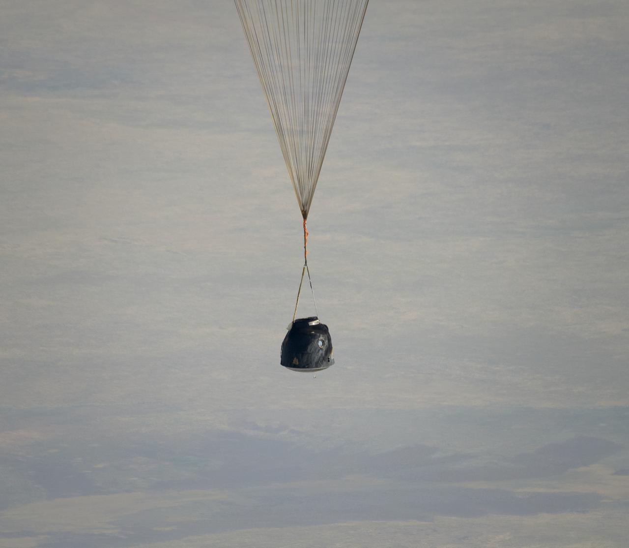 The Soyuz MS-11 spacecraft is seen as it lands in a remote area near the town of Zhezkazgan, Kazakhstan with Expedition 59 crew members Anne McClain of NASA, David Saint-Jacques of the Canadian Space Agency, and Oleg Kononenko of Roscosmos, Tuesday, June 25, 2019 Kazakh time (June 24 Eastern time). McClain, Saint-Jacques, and Kononenko are returning after 204 days in space where they served as members of the Expedition 58 and 59 crews onboard the International Space Station. Photo Credit: (NASA/Bill Ingalls)