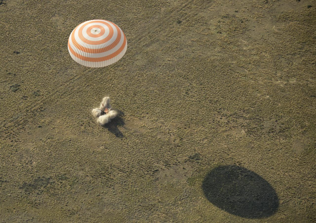 The Soyuz MS-11 spacecraft is seen as it lands in a remote area near the town of Zhezkazgan, Kazakhstan with Expedition 59 crew members Anne McClain of NASA, David Saint-Jacques of the Canadian Space Agency, and Oleg Kononenko of Roscosmos, Tuesday, June 25, 2019 Kazakh time (June 24 Eastern time). McClain, Saint-Jacques, and Kononenko are returning after 204 days in space where they served as members of the Expedition 58 and 59 crews onboard the International Space Station. Photo Credit: (NASA/Bill Ingalls)