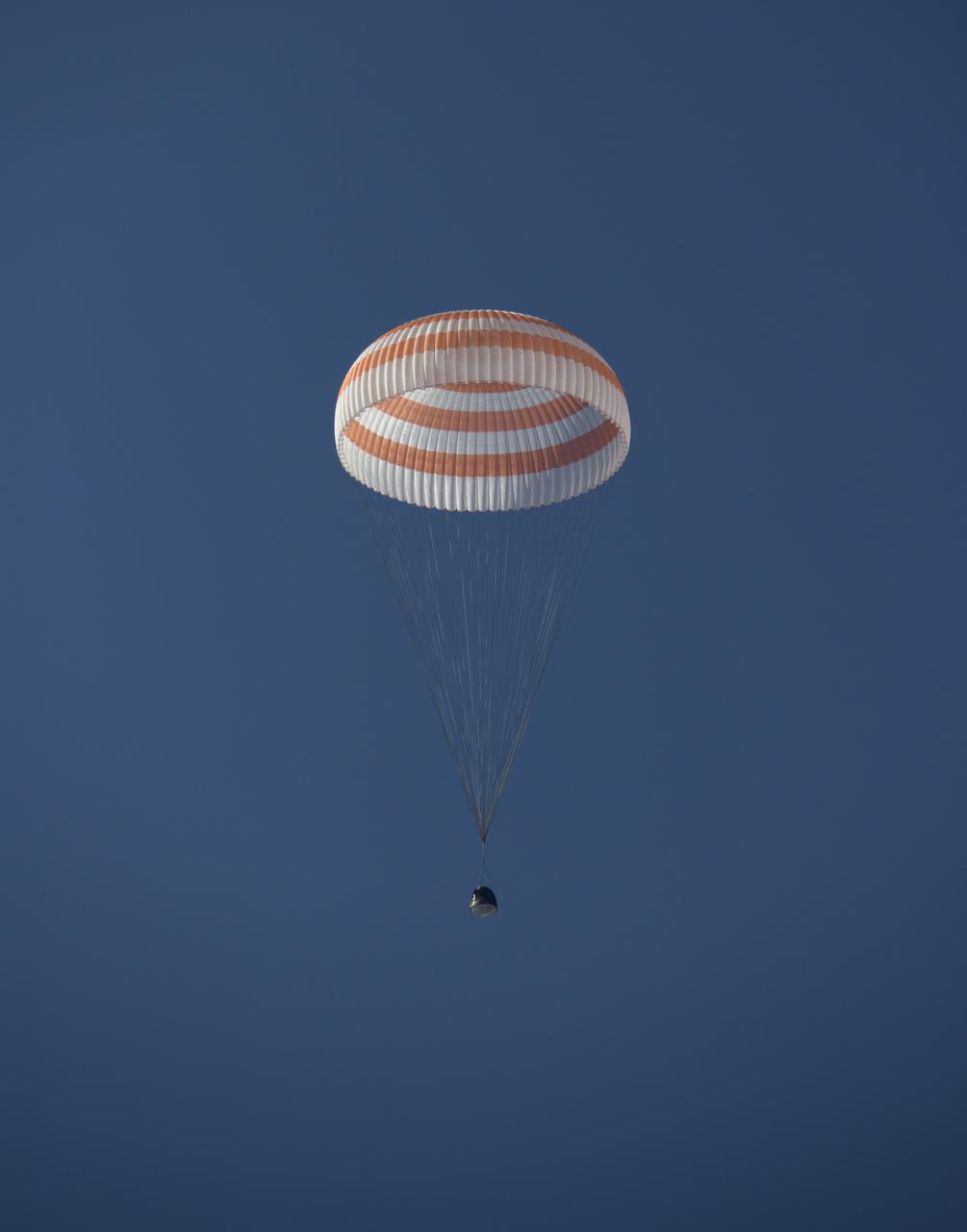 The Soyuz MS-11 spacecraft is seen as it lands in a remote area near the town of Zhezkazgan, Kazakhstan with Expedition 59 crew members Anne McClain of NASA, David Saint-Jacques of the Canadian Space Agency, and Oleg Kononenko of Roscosmos, Tuesday, June 25, 2019 Kazakh time (June 24 Eastern time). McClain, Saint-Jacques, and Kononenko are returning after 204 days in space where they served as members of the Expedition 58 and 59 crews onboard the International Space Station. Photo Credit: (NASA/Bill Ingalls)