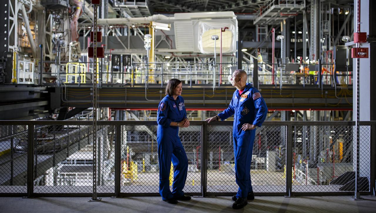 NASA astronauts Megan McArthur and Randy Bresnik are seen inside the Vehicle Assembly Building, Tuesday, June 25, 2019 at NASA's Kennedy Space Center in Florida. Photo Credit: (NASA/Joel Kowsky)