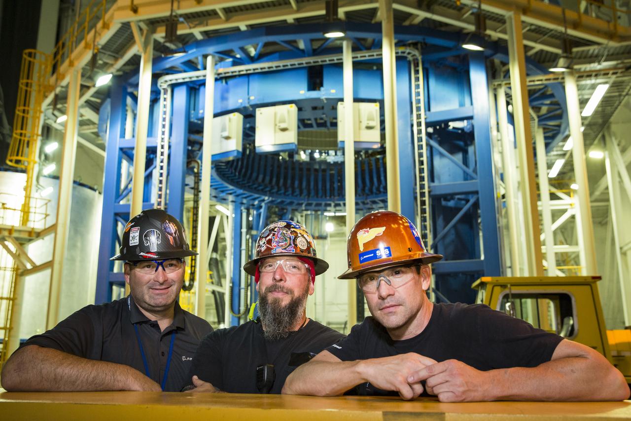 From left to right, Mac Cook, Jeffrey Thompson, Chris Mart, Critical Lift and Move Team, Boeing, Portrait, Friday, June 28, 2019 at Michoud Assembly Facility, New Orleans, LA. Photo Credit: (NASA/Aubrey Gemignani)
