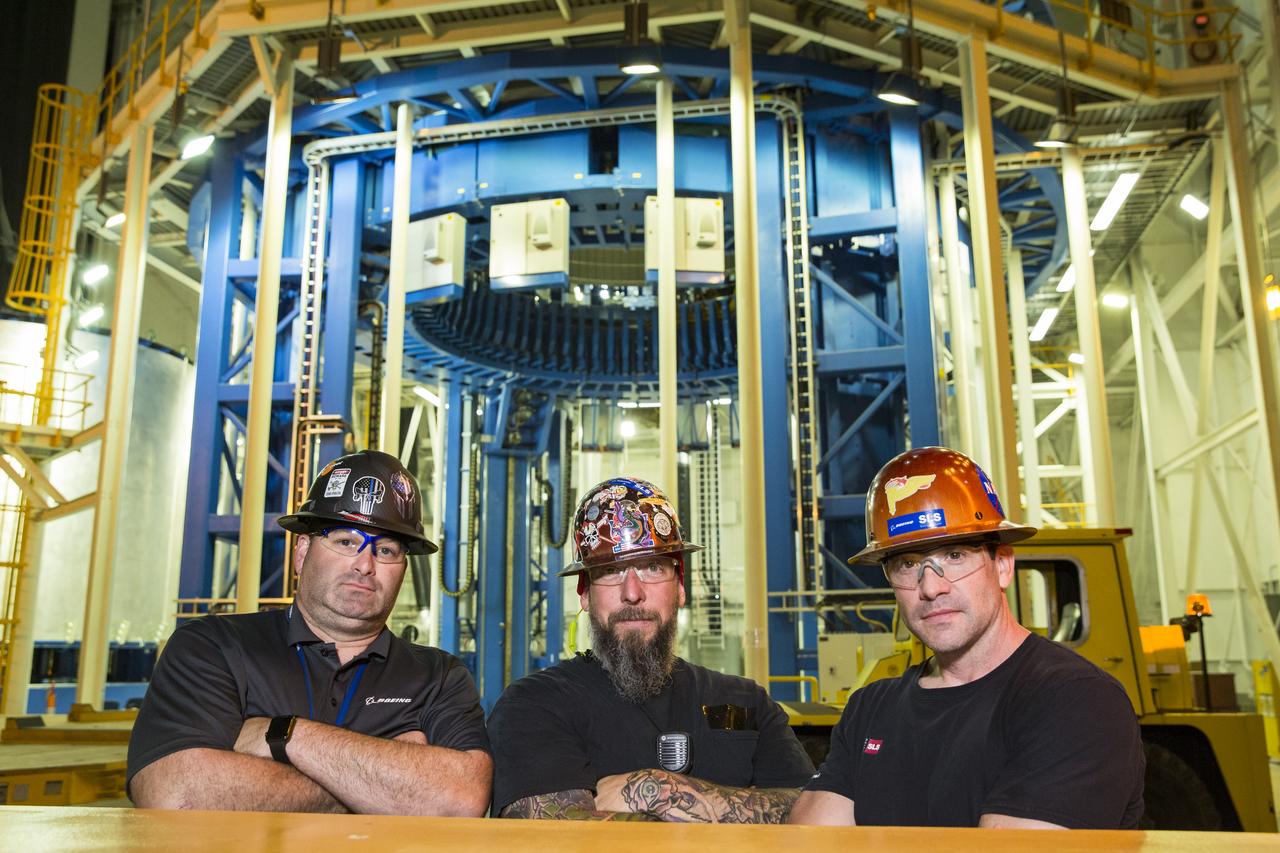 From left to right, Mac Cook, Jeffrey Thompson, Chris Mart, Critical Lift and Move Team, Boeing, Portrait, Friday, June 28, 2019 at Michoud Assembly Facility, New Orleans, LA. Photo Credit: (NASA/Aubrey Gemignani)