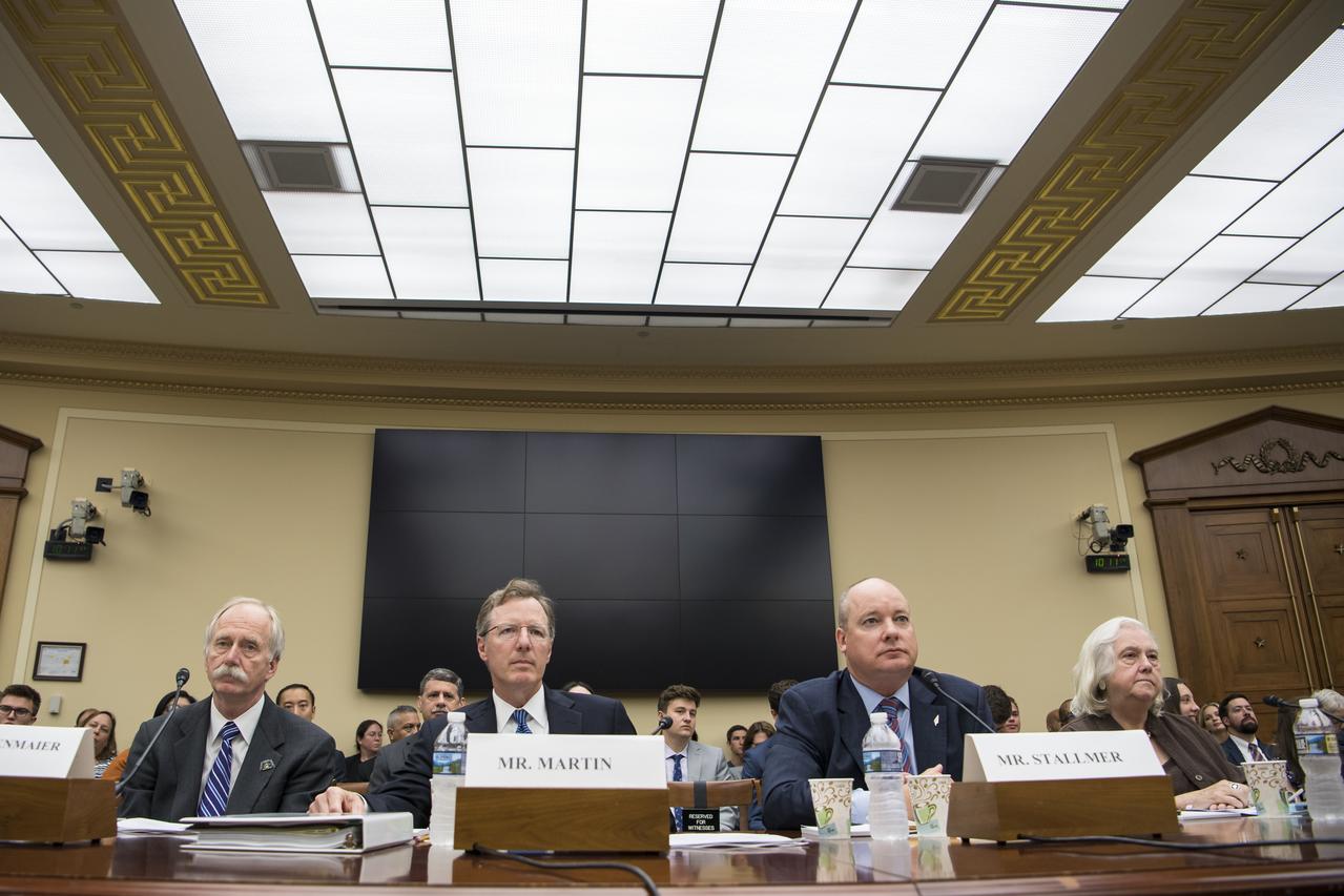 From left to right, NASA Associate Administrator, Human Exploration and Operations, Bill Gerstenmaier; NASA Inspector General, Paul Martin; Commercial Spaceflight Federation President, Eric Stallmer; and University of Mississippi Professor Emerita and Editor in Chief of the Journal of Space Law, Joanne Gabrynowicz testify during a Space and Aeronautics Subcommittee of the House Science, Space, and Technology Committee hearing titled, “A Review of NASA’s Plans for the International Space Station and Future Activities in Low Earth Orbit," Wednesday, July 10, 2019 at the Rayburn House Office Building in Washington. Photo Credit: (NASA/Aubrey Gemignani)