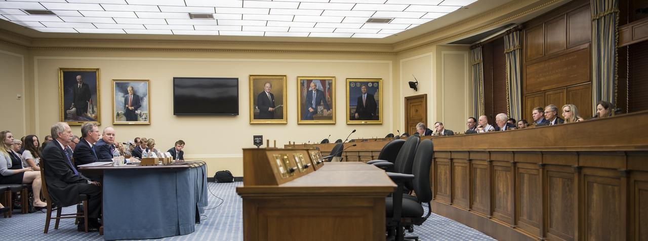 From left to right, NASA Associate Administrator, Human Exploration and Operations, Bill Gerstenmaier; NASA Inspector General, Paul Martin; Commercial Spaceflight Federation President, Eric Stallmer; and University of Mississippi Professor Emerita and Editor in Chief of the Journal of Space Law, Joanne Gabrynowicz testify during a Space and Aeronautics Subcommittee of the House Science, Space, and Technology Committee hearing titled, “A Review of NASA’s Plans for the International Space Station and Future Activities in Low Earth Orbit," Wednesday, July 10, 2019 at the Rayburn House Office Building in Washington. Photo Credit: (NASA/Aubrey Gemignani)