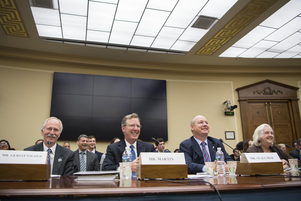 From left to right, NASA Associate Administrator, Human Exploration and Operations, Bill Gerstenmaier; NASA Inspector General, Paul Martin; Commercial Spaceflight Federation President, Eric Stallmer; and University of Mississippi Professor Emerita and Editor in Chief of the Journal of Space Law, Joanne Gabrynowicz react to a comment by Congressman Pete Olson (R-TX) during a Space and Aeronautics Subcommittee of the House Science, Space, and Technology Committee hearing titled, “A Review of NASA’s Plans for the International Space Station and Future Activities in Low Earth Orbit," Wednesday, July 10, 2019 at the Rayburn House Office Building in Washington. Photo Credit: (NASA/Aubrey Gemignani)