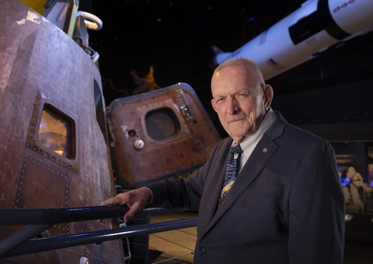 Retired NASA Flight Director and manager Gene Kranz poses for a portrait next to the Apollo 17 Command Module, Thursday, July 11, 2019 at Space Center Houston in Houston, Texas. Photo Credit: (NASA/Bill Ingalls)