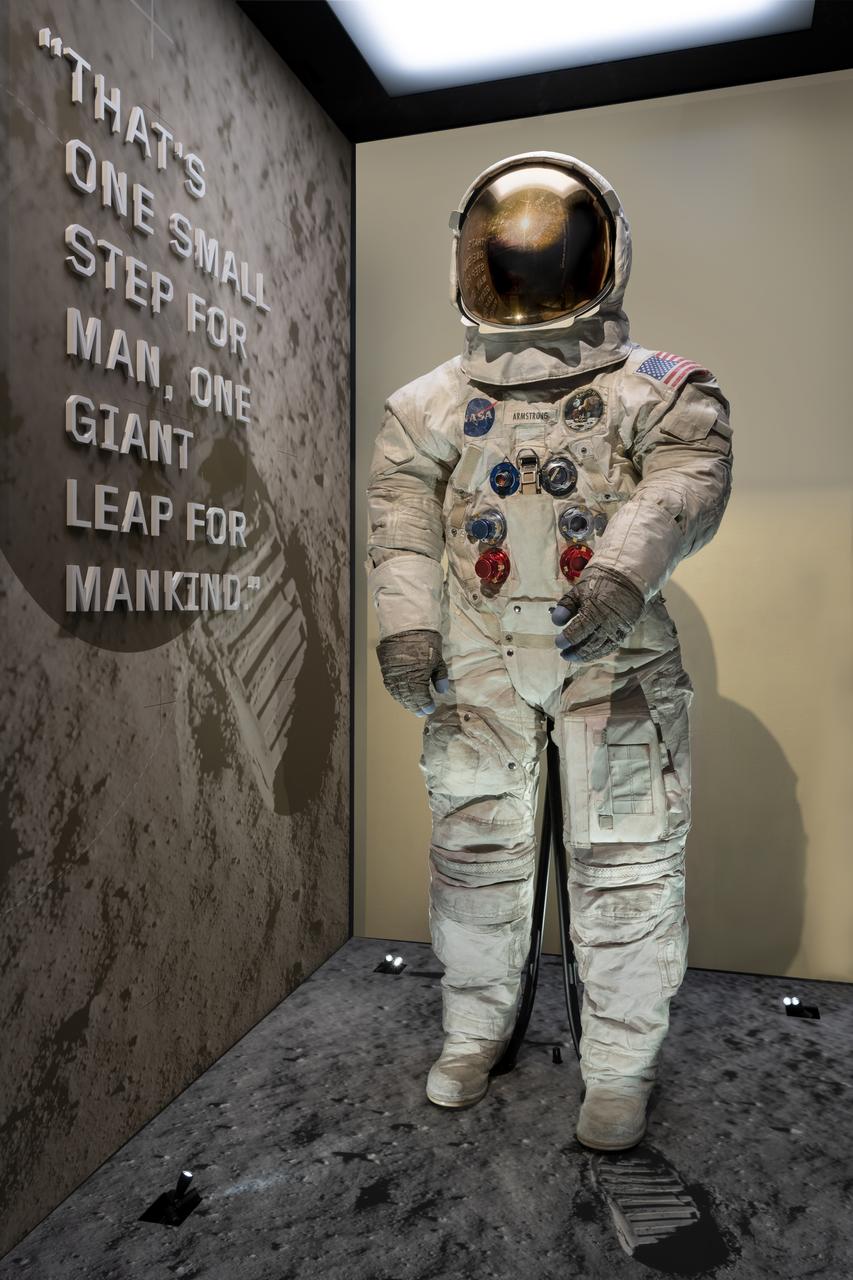 Neil Armstrong's Pressure Suit, A7-L, A19730040000, Apollo 11, that he wore to walk on the moon July 20, 1969 in its new display case in The Wright Brothers & the Invention of the Aerial Age Gallery of the National Air and Space Museum, July 12, 2019. (Smithsonian Air and Space Museum photo by Jim Preston)     [20190712JP-0063] [NASM2019-03984]